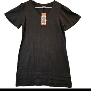 Nicole Miller Black Linen Blend Dress LBD Midi Knee Length Short Sleeve Preppy